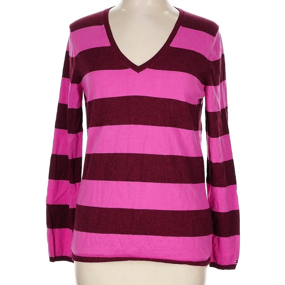Tommy Hilfiger Striped V-Neck Sweater in Pink and Burgundy large